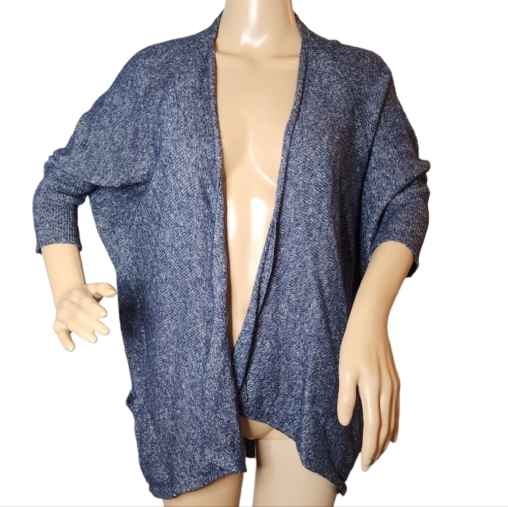 Athleta Cashmere/Linen blue open front Dolman sleeve cardigan. Pockets.